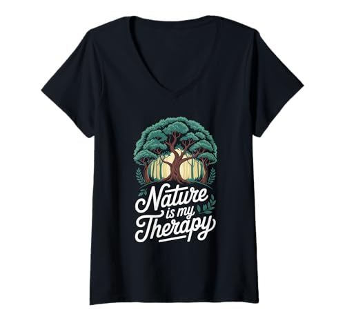 Damen Nature is My Therapy Wald Wandern Camping Abenteuer Outdoor T-Shirt mit V-Ausschnitt Damen Nature is My Therapy Wald Wandern Camping Abenteuer Outdoor T-Shirt mit V-Ausschnitt von Mindful Outdoor Hiking Camping Nature Graphic Tees
