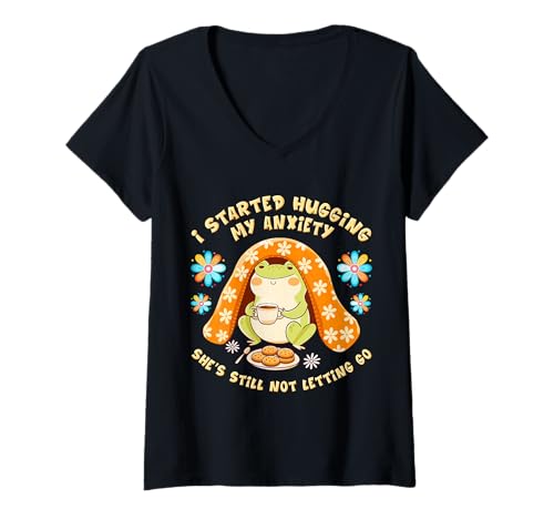 Damen Emotional But Funny - Hugging My Anxiety Mental Health Art T-Shirt mit V-Ausschnitt Damen Emotional But Funny - Hugging My Anxiety Mental Health Art T-Shirt mit V-Ausschnitt von Mindful Thoughts & Emotional Humor Vibes