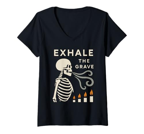 Damen Skelett Yoga Meditierend Skelett Goth Yoga Humor Gruselig T-Shirt mit V-Ausschnitt von Mindfulness Dark Humor Skeleton Lotus Pose Gift
