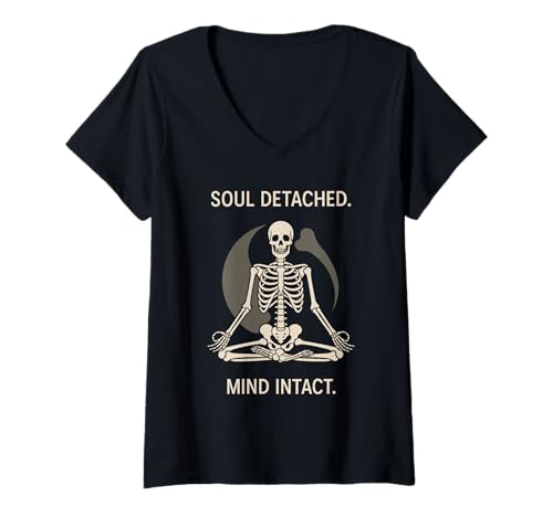 Damen Skelett Yoga Meditierend Skelett Goth Yoga Humor Gruselig T-Shirt mit V-Ausschnitt von Mindfulness Dark Humor Skeleton Lotus Pose Gift