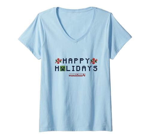 Damen Minecraft Christmas Happy Holidays Creeper and Berries T-Shirt mit V-Ausschnitt von Minecraft