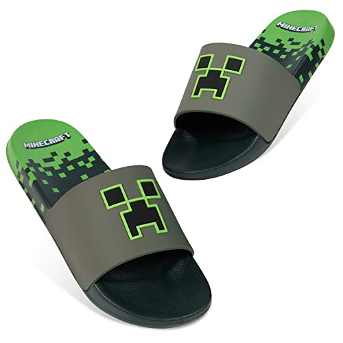 Minecraft Badelatschen Kinder Junge Unisex Flip-Flop Mädchen Grün Schwimmschuhe Kinder - Hausschuhe Badeschuhe Jungen und Mädchen Creeper Sandalen Kinder (Grau/Grüner Schieber, 30-31) von Minecraft