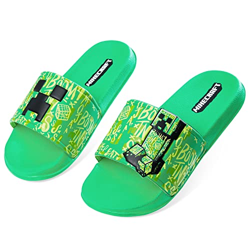 Minecraft Badelatschen Kinder Junge Unisex Flip-Flop Mädchen Grün Schwimmschuhe Kinder - Hausschuhe Badeschuhe Jungen und Mädchen Creeper Sandalen Kinder (Grün Slider, 28-29) von Minecraft