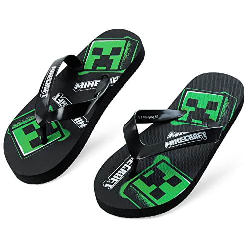 Minecraft Badelatschen Kinder Junge Unisex Flip-Flop Mädchen Grün Schwimmschuhe Kinder - Hausschuhe Badeschuhe Jungen und Mädchen Creeper Sandalen Kinder (Schwarzer Flip-Flop, 28-29) von Minecraft