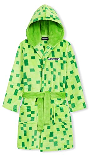 Minecraft Bademantel Kinder, Fleece Morgenmantel Pixel, Weiches Kuschelige Bademantel mit Kapuze für Jungen, Flanell Mantel Teenager, Nachtwäsche Robe Mädchen (Grün, 9-10 Jahren) von Minecraft