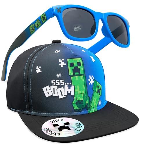 Minecraft Basecap Kinder Jungen Set Snapback Cap Kinder und Sonnenbrille UV Schutz Creeper Sonnenschutz Kappe Geschenke Jungs (6-14 Jahre, Schwarz/Blau) von Minecraft