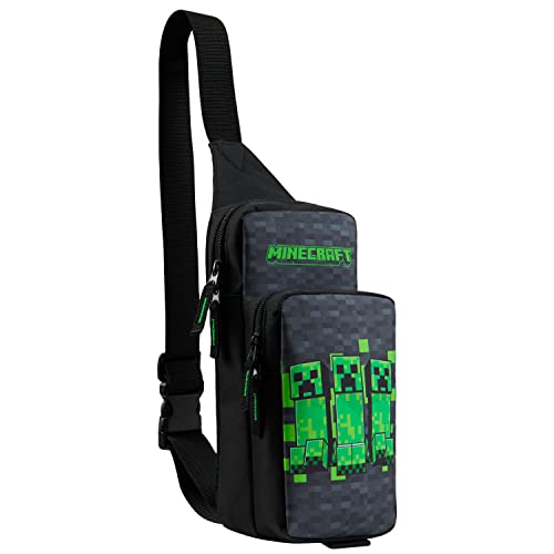 Minecraft Sling Bag Kinder, Brusttasche Umhängetasche mit Reißverschluss & Verstellbarem Gurt - Geschenke für Jungs (Schwarz/Grün) von Minecraft