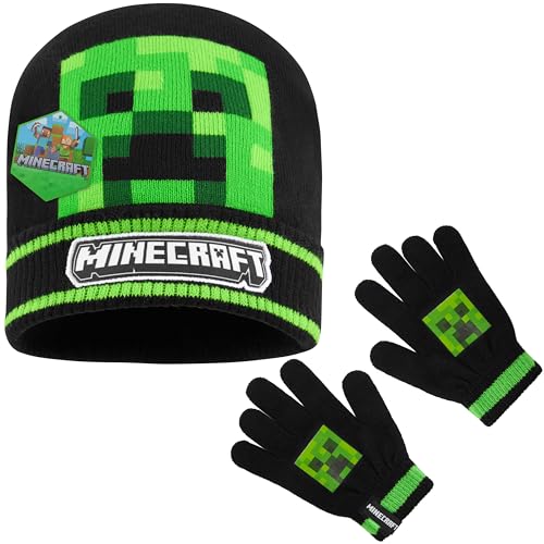 Minecraft Wintermütze Jungen, gefütterter Bucket Hat oder Beanie & Handschuhe, Geschenke für Gamer (Schwarze Mütze & Handschuhe, 6-14 Years) von Minecraft