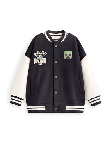 Minecraft Creeper-Bomberjacke in Schwarz und Weiß | Jungen-Unijacke Adventure Club-Grafiken | Langarm-Oberbekleidung für Freizeitkleidung Merch – 13–14 Jahre von Minecraft