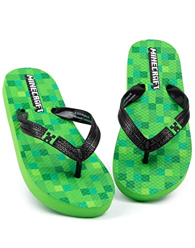 Minecraft Creeper Flip Flops Sandalen Kinder | Jungen Mädchen Grün Block Pixel Spiel Slider | Kinder Teenager Villain Sommerschuhe von Minecraft