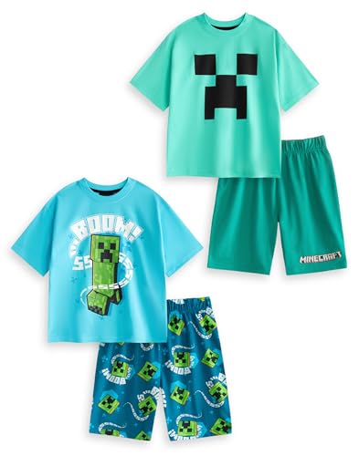 Minecraft Creeper Jungen Multi-Pack mit 2 Kurzarm-Pyjama-Sets | Blaue und grüne Cartoon-PJs | Kurzbein-Nachtwäsche | „Boom“ Grafikdesign | Gamer-Bekleidung für Kinder Merch – 5–6 Jahre von Minecraft