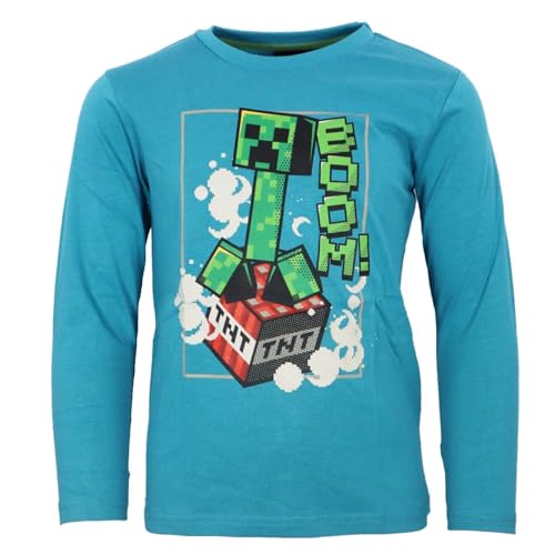 Minecraft Creeper Kinder Langarmshirt – Jungen Shirt aus 100% Baumwolle – Langarm Oberteil mit TNT & Creeper Print – Größen 116–152, Farbe: Blau, Bekleidungsgröße: 128 von Minecraft