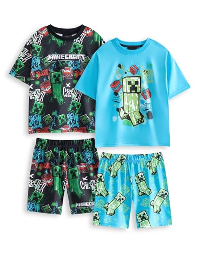 Minecraft Creeper Multi-Pack mit 2 Kurzarm-Pyjama-Sets | Schwarz-Blaue grafische Nachtwäsche für Jungen | Klassischer Pyjama mit kurzem Bein und Creeper-Design | Kinder-Loungewear Merch von Minecraft