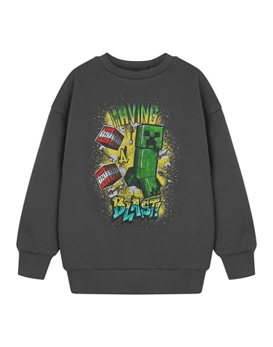 Minecraft Creeper Streetwear-Langarmshirt für Jungen | Graues Cartoon-Grafik-T-Shirt | Lustiges, Explosives Thema für Freizeitkleidung | Pull-On-Shirt mit Rundhalsausschnitt Bekleidung von Minecraft
