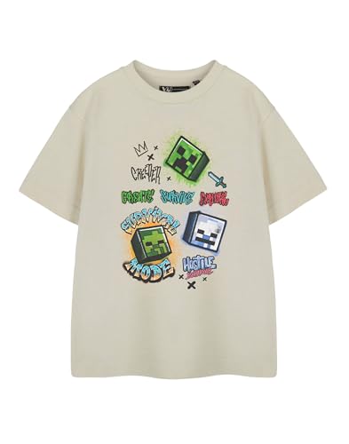 Minecraft Creeper Streetwear-Oberteil für Jungen | Gaming-Survival-Grafik-T-Shirt | Explore Mode Cartoon-T-Shirt in Hellbeige | Feindliches Charakter-Shirt für Freizeitkleidung von Minecraft