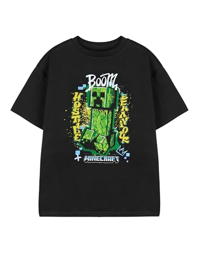 Minecraft Creeper schwarzes Grafik-T-Shirt | Boom Hostile Behavior Kurzarm-T-Shirt für Jungen | Lässiges Oberteil mit Rundhalsausschnitt von Minecraft