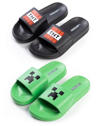 Minecraft Creeper & TNT-Slider in Grün und Schwarz | Freizeitschuhe für Jungen | 2er-Pack Slider mit Creeper-Gesicht und TNT-Spielelement Merch von Minecraft