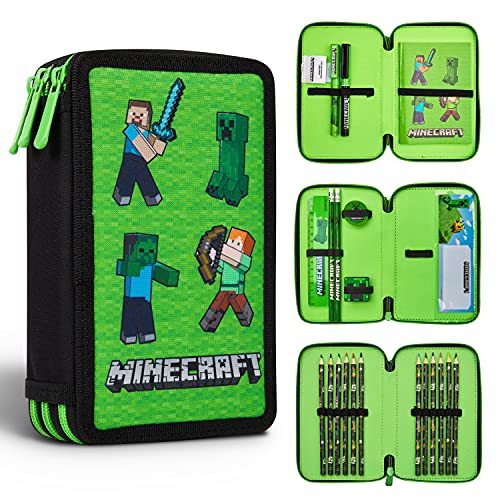 Minecraft Federmäppchen für die Schule – mit Fächern gefüllt mit Schulbedarf Kinder Jungen Goodies Offizielles Zubehör Gamer Grün Mob, One Size von Minecraft