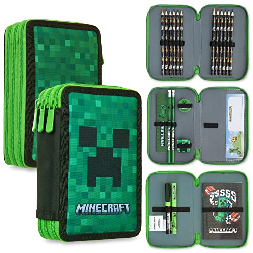 Minecraft Federmäppchen Kinder Federtasche Junge Gefüllt mit Schreibwaren Fächer Pencil Case Federmäppchen Jungen Schulmäppchen Federpenal Etui Gamer (Grün Creeper) von Minecraft