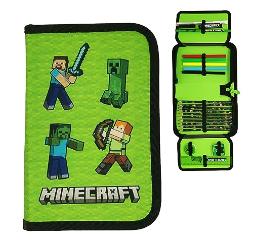 Minecraft Federmappe Kinder Federtasche Etui Pencil Case Federmäppchen Schulmäppchen Stifteetui Federpenal Mäppchen gefüllt Schreibwaren (Steve Alex) (Alex Steve) von Minecraft