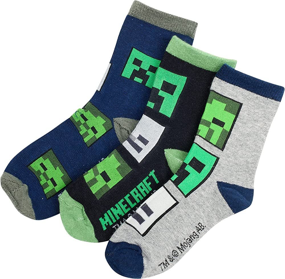 Minecraft Feinsocken MINECRAFT Socken Jungen und Mädchen Kindersocken 3 Paar im Set Strümpfe Gr. 27 28 29 30 31 32 33 34 35 36 37 38 von Minecraft