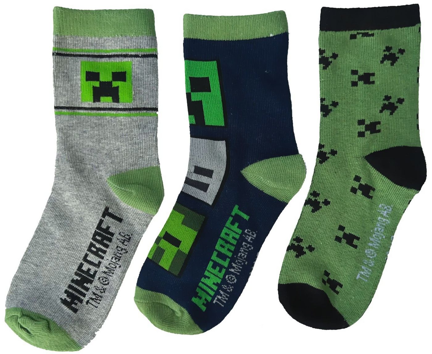 Minecraft Feinsocken MINECRAFT Socken Jungen und Mädchen Kindersocken 3 Paar im Set Strümpfe Gr. 27 28 29 30 31 32 33 34 35 36 37 38 von Minecraft