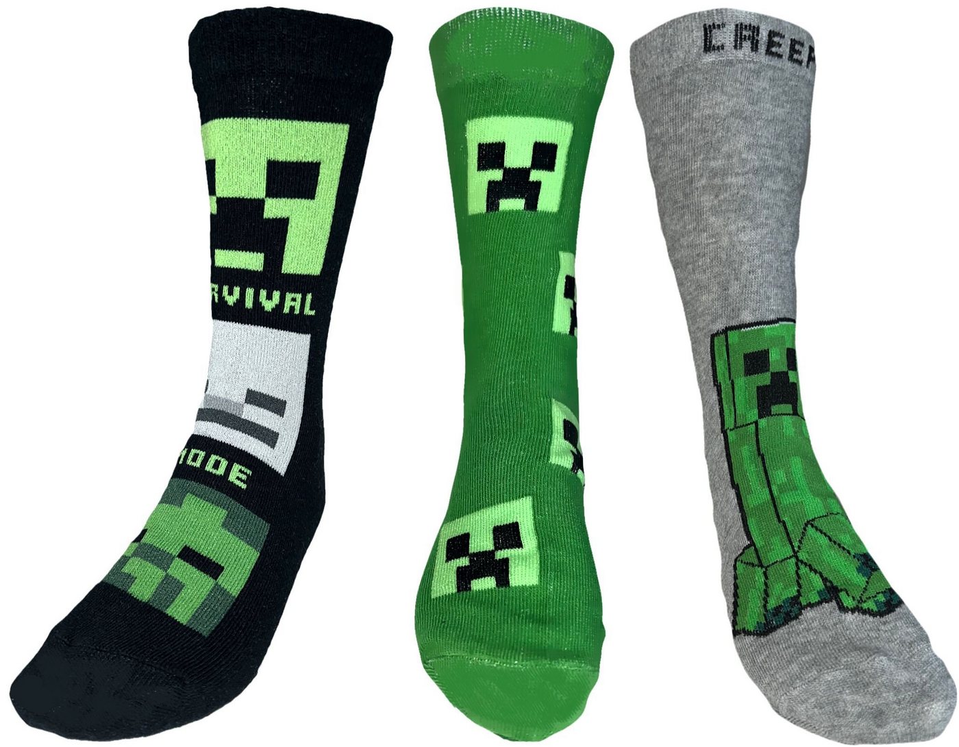 Minecraft Freizeitsocken 3x Minecraft Kindersocken Socken Jungen + Mädchen 31/34, 35/38, 39/42 (Sockenset, 3 Paar) eingesticktes Minecraft Logo von Minecraft