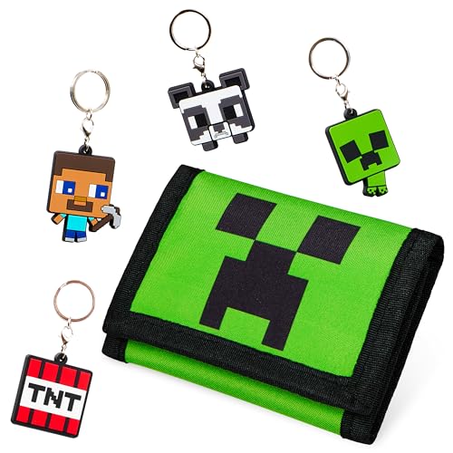 Minecraft Geldbeutel mit Anhänger Set | Geldbörse mit Schlüsselanhänger für Kinder | Portemonnaie mit Reißverschluss, Klettverschluss, Schlüsselring 12 x 8 x 2 cm von Minecraft