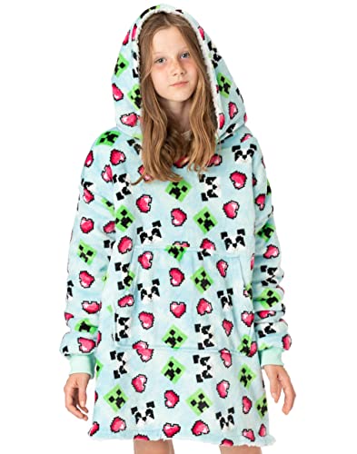 Minecraft Übergroßer Decken-Hoodie für Mädchen | Creeper Panda Hearts Doppelt gefütterter Sherpa-Fleece-Pullover in Blau für Kinder | One-Size-Pullover mit großer Tasche von Minecraft