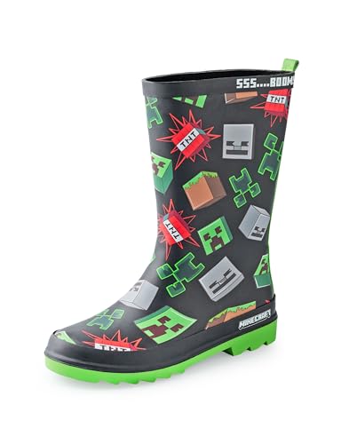 Minecraft Gummistiefel für Jungen | Kinder-Gummistiefel mit Creeper- und Skelett-Charaktergesicht und TNT-Blockgrafikdruck in Schwarz | Wasserabweisende Gummistiefel für Kinder von Minecraft