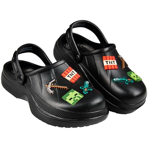 Minecraft Hausschuhe Clogs Kinder Junge mit oder ohne Schuh Charms Fersenriemen Kinderhausschuhe für Garten Strand Freizeit (Schwarz, 30/31 EU) von Minecraft