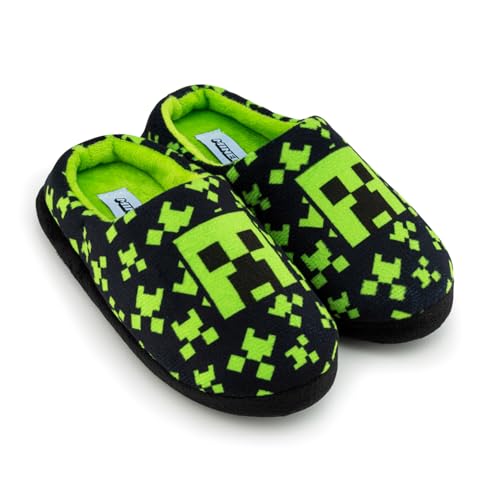 Minecraft Hausschuhe für Jungen, gemütliche Indoor-Schuhe mit Creeper-Design, rutschfeste Kinderhausschuhe, Gaming-Merchandise-UK, Schwarz , 28/30 EU von Minecraft