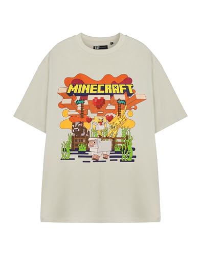 Minecraft Herztiere Hellbeiges Grafik-T-Shirt | Kurzarm-Unisex-Erwachsene-T-Shirt | Freizeitkleidung Tieren und Landschaften | Gaming-Bekleidung für Fans von Minecraft