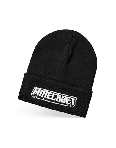 Minecraft Jungen-Beanie-Mütze in Schwarz | Gestrickte Wintermütze mit gesticktem Logo für Kinder | Warme Beanie-Mütze für Kinder in Einheitsgröße für Gamer Mojang von Minecraft