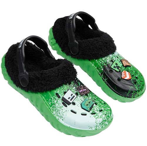 Minecraft Jungen Clogs mit Plüsch-Fleecefutter & Charms, ideal als Garten Clogs oder Kinder Hausschuhe (Green/Multi, 32/33 EU) von Minecraft