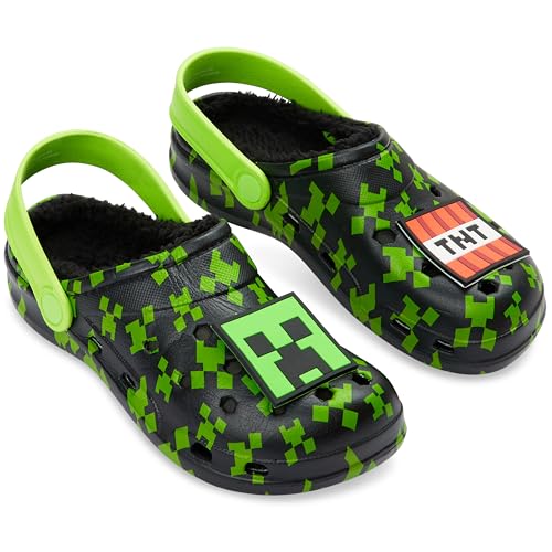 Minecraft Jungen Clogs mit Plüsch-Fleecefutter & Charms, ideal als Garten Clogs oder Kinder Hausschuhe (Schwarz/Grün, 32/33 EU) von Minecraft