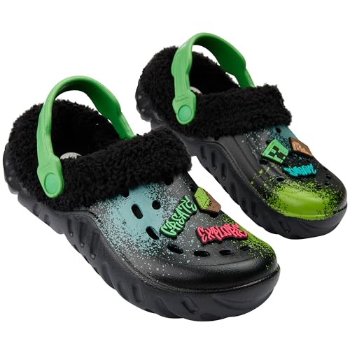 Minecraft Jungen Clogs mit Plüsch-Fleecefutter & Charms, ideal als Garten Clogs oder Kinder Hausschuhe (Schwarz/Mehrfarbig, 32/33 EU) von Minecraft