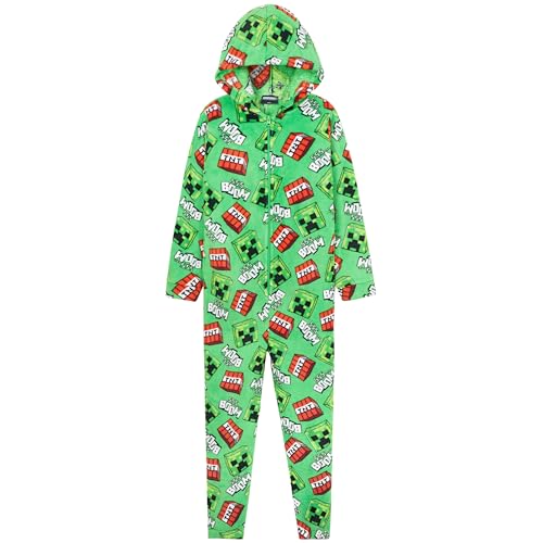 Minecraft Fleece Jumpsuit Kinder Jungen Schlafoverall mit Kapuze, Gamer Geschenke für Kinder Teenager (Grün/Mehrfarbig, 9-10 Jahre) von Minecraft