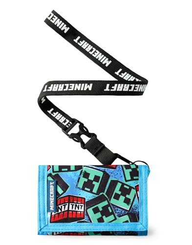 Minecraft Jungen Geldbörse mit Band | Blaue Dreifach Faltbare Geldbörse mit TNT-Block und Creeper-Graffiti-Print für Kinder | Kinder Geld- & Kartenhalter Logo-Band von Minecraft
