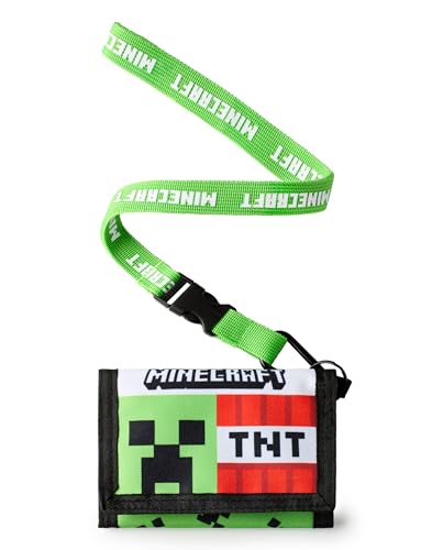 Minecraft Jungen Geldbörse mit Band | Grüne Dreifach Faltbare Geldbörse mit TNT-Block & Creeper-Charakter-Gesichtsprint für Kinder | Kinder Geld- & Kartenhalter Logo-Band von Minecraft