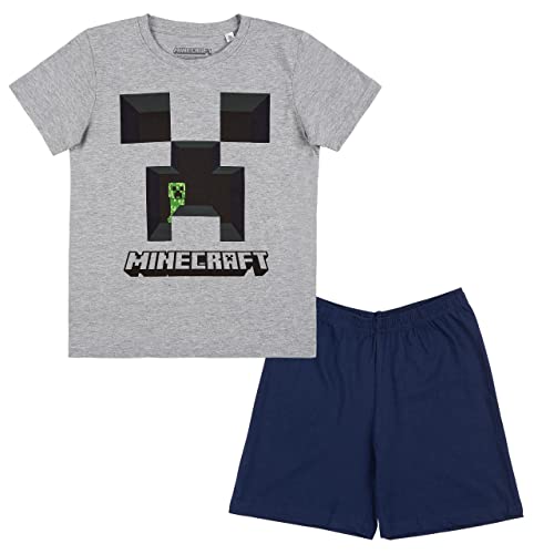 Minecraft Kids - Creeper Männer Kinder-Pyjama grau meliert/weiß Bösewichte, Fan-Merch, Gaming (as3, Numeric, Numeric_128, Regular, Grau) von Minecraft