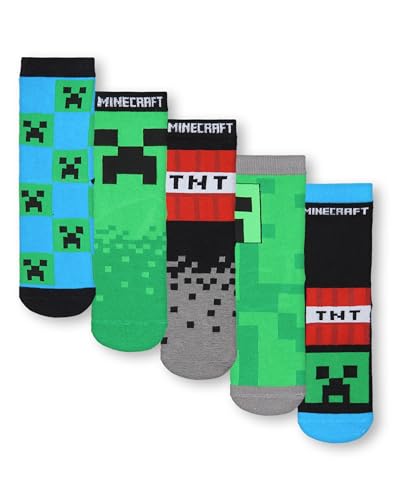 Minecraft Jungen Socken Set von 5 | Kinder Charakter Wadenhohe Socken mit Creeper und TNT All-over Print in Schwarz, Grün und Blau | Kinder 5er Pack Socken für Gamer von Minecraft