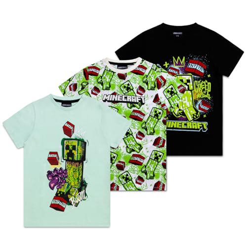 Minecraft Jungen T-Shirts 3er Pack | Kurzarm 3er-Pack Multipack T-Shirts | Sommer Gaming Merchandise, mehrfarbig, 9-10 Jahre von Minecraft