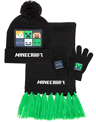 Minecraft Kids Bobble Hat Handschuhe Schal Set gestrickte Schwarze Mütze Einheitsgröße von Minecraft