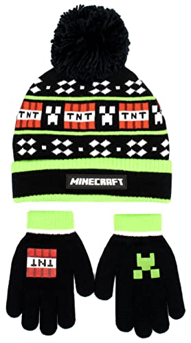 Minecraft Kindermützen- und Handschuhe-Set, schwarze Wollmütze und Handschuhe, Pixel-Design, Einheitsgröße für 6–12 Jahre, offizielles Lizenzprodukt, TNT, Einheitsgröße von Minecraft