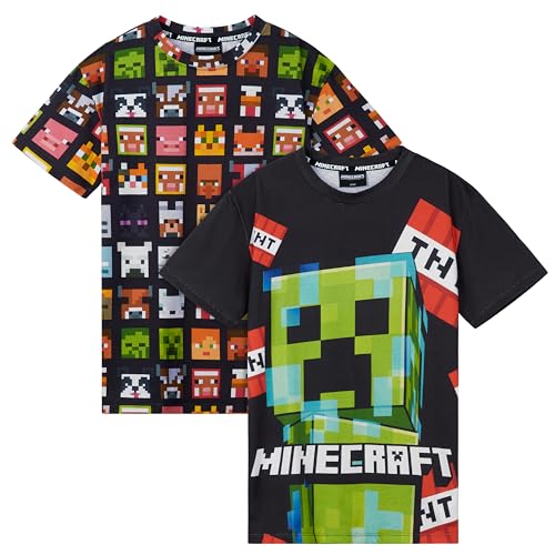 Minecraft Kinder T Shirt Jungen mit Rundhalsausschnitt & Creeper-Motiv, 2er-Pack (Schwarz/Mehrfarbig, 11-12 Jahre) von Minecraft