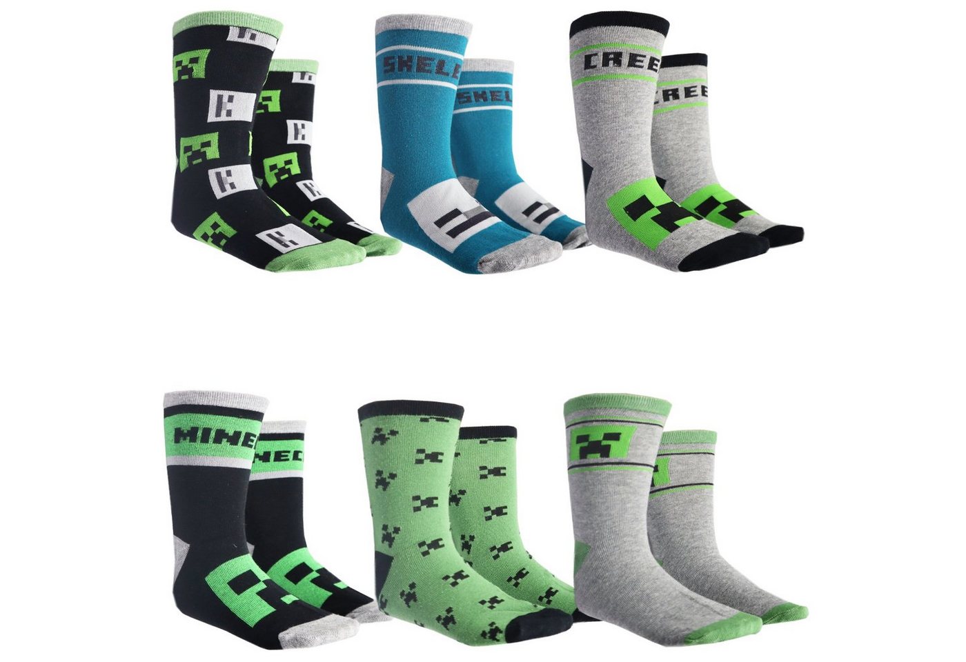 Minecraft Langsocken Minecraft Creeper Skelett Kinder Jungen lange Socken 6er Pack (6-Paar) Gr. 27 bis 38 von Minecraft