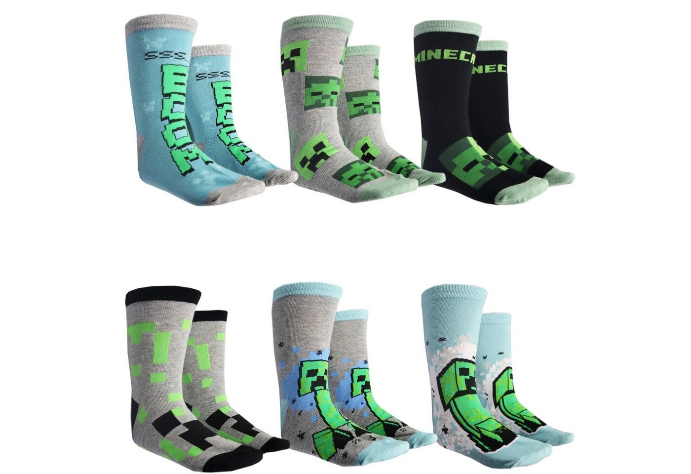 Minecraft Langsocken Minecraft Creeper Zombie Kinder Jungen lange Socken 6er Pack (6-Paar) Gr. 27 bis 38 von Minecraft