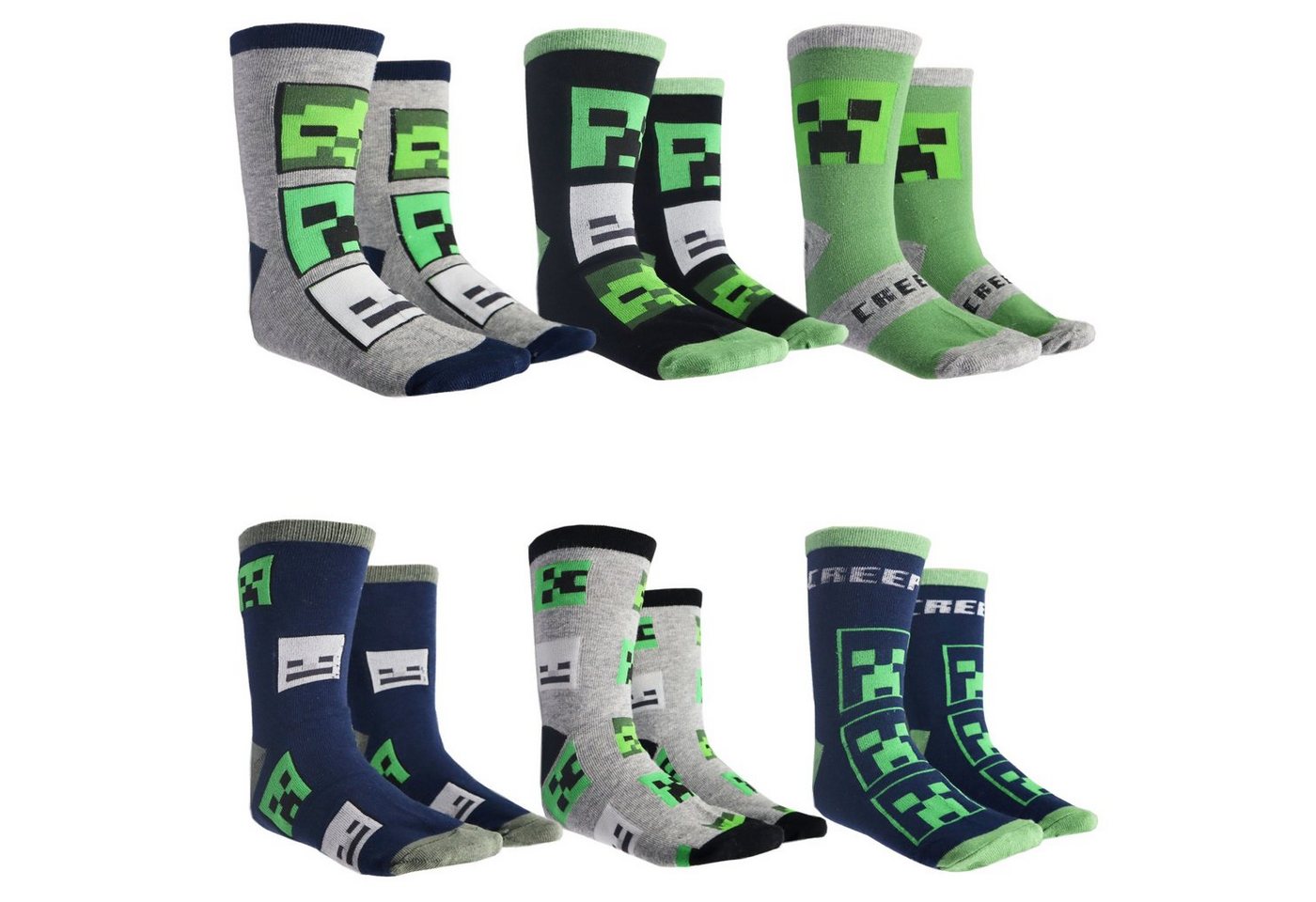 Minecraft Langsocken Minecraft Creeper Zombie Skelett Kinder Jungen lange Socken 6er Pack (6-Paar) Gr. 27 bis 38 von Minecraft