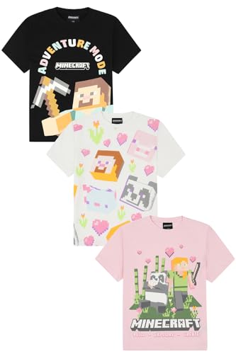 Minecraft Mädchen 3er-Pack Kinder-T-Shirts, Multipack, mehrfarbig, 7-8 Jahre von Minecraft
